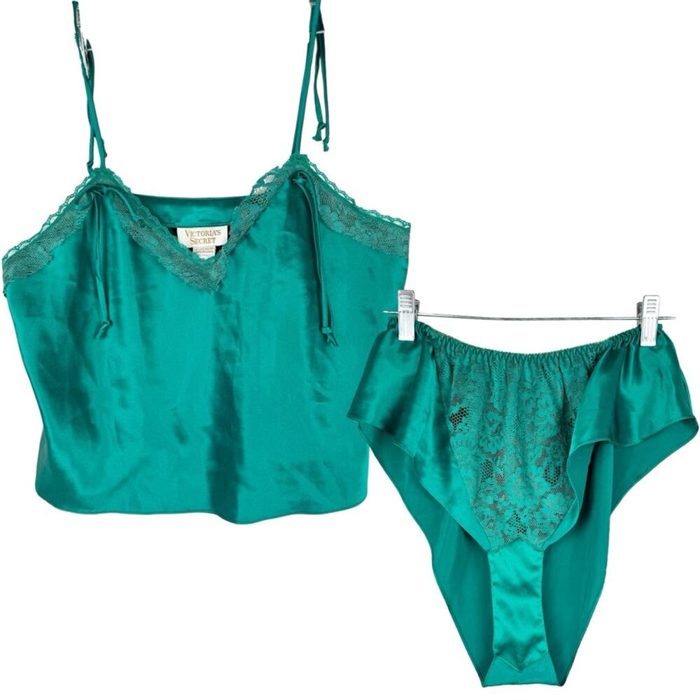 Vintage 80s Victoria's Secret Gold Label Lace Cami & High Cut‎ Panty Set Green S